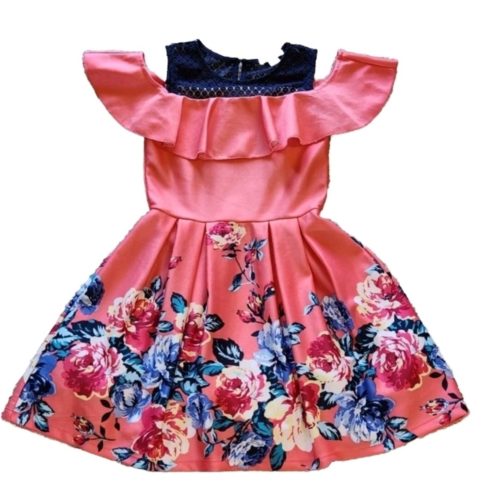 Knitworks cold shoulder box pleat dress. Size 14. Colors are pink, and blue